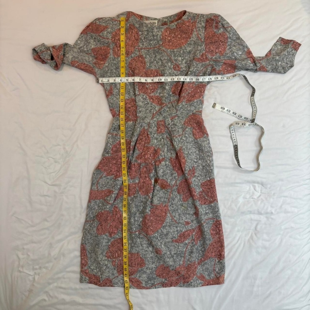 Silk Pink and Gray Floral Print Dress by AP Ltd. VTG 80s Puff Sleeves Retro - Picture 7 of 8